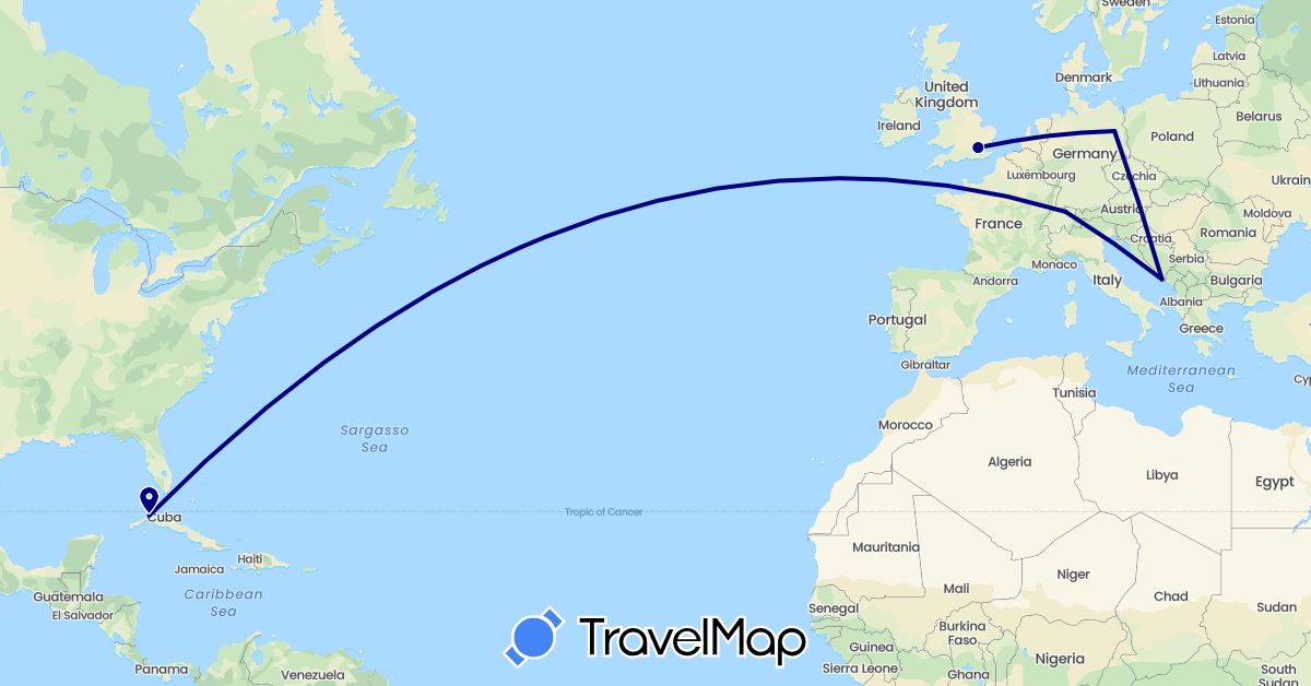 TravelMap itinerary: driving in Switzerland, Cuba, Germany, United Kingdom, Croatia (Europe, North America)